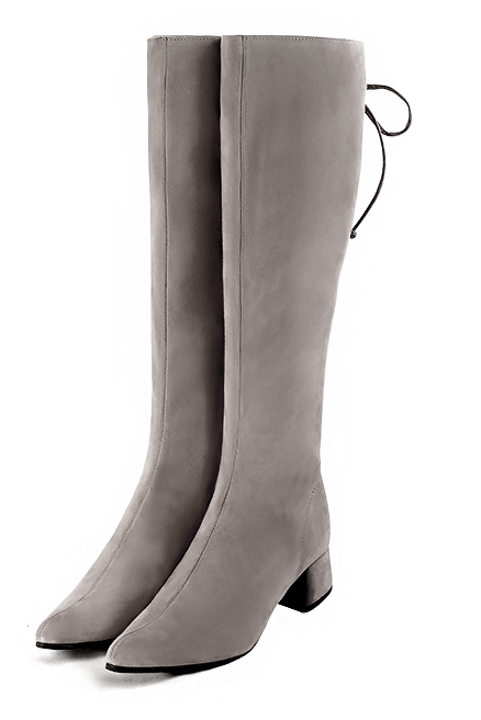 Bronze beige women's knee-high boots, with laces at the back. Tapered toe. Low flare heels. Made to measure. Front view - Florence KOOIJMAN